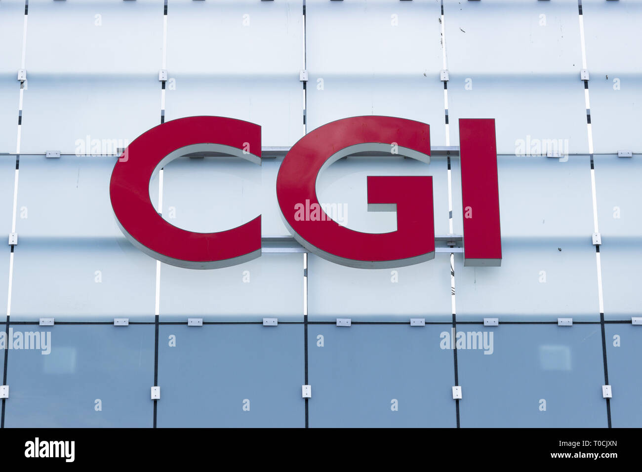Gros plan du logo CG signe (Helenelund bureaux de secteur), la Suède. Banque D'Images