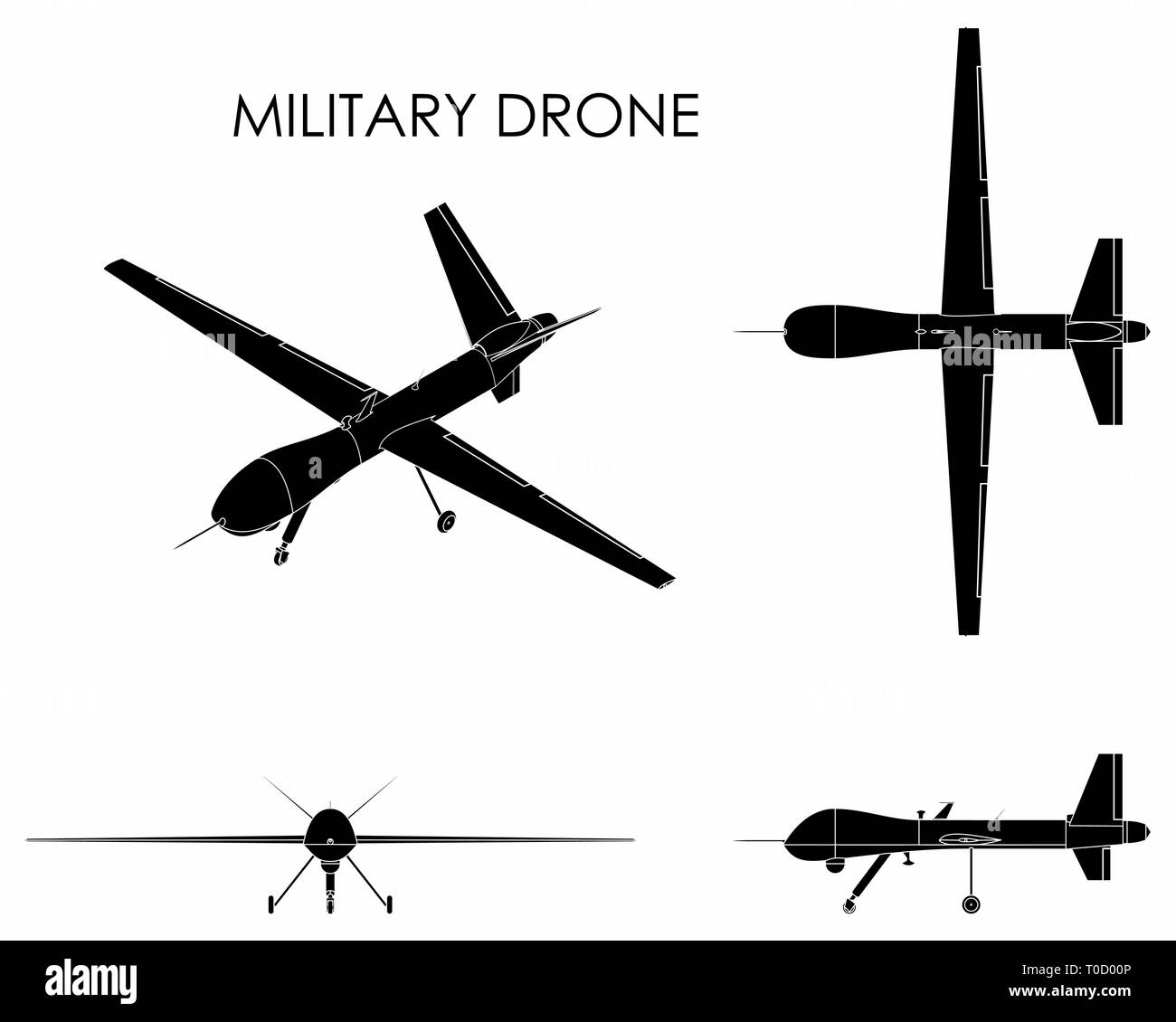 Drone militaire prédateur. Remplissage noir. Illustration de Vecteur