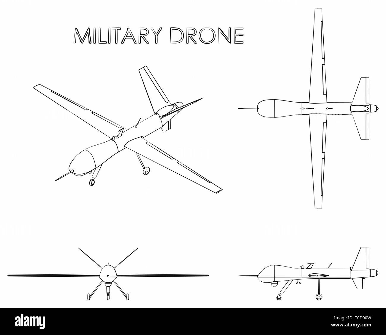 Drone militaire prédateur. Contours uniquement. Illustration de Vecteur