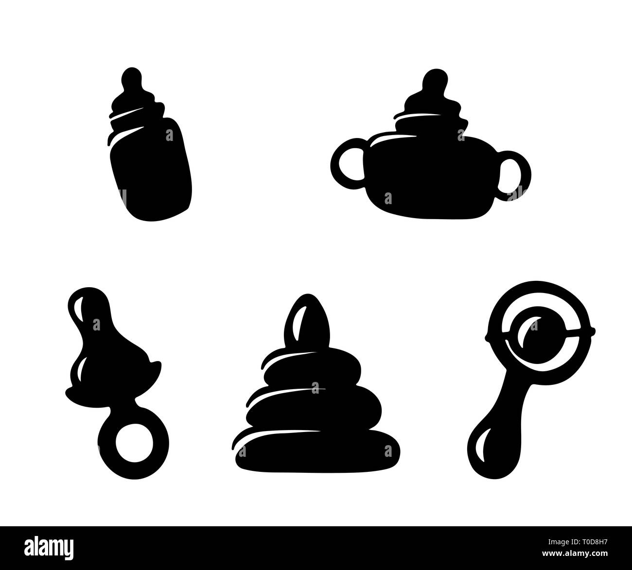 Définissez les éléments d'icônes pour le bébé. Illustration vectorielle. Une bouteille de lait, une sucette, un hochet et un jouet Illustration de Vecteur