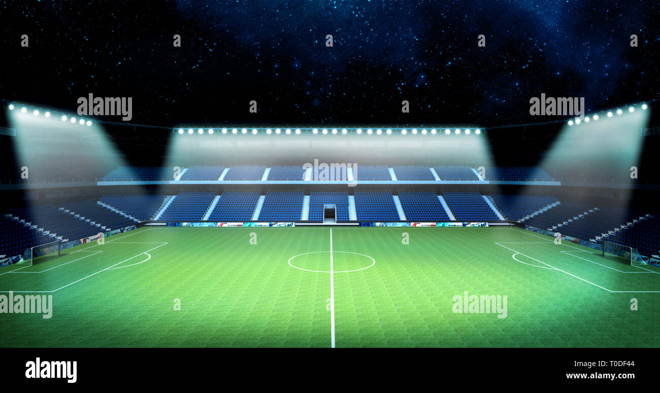 L'éclairage de nuit sur l'arrière-plan du stade de football, rendu 3D Banque D'Images