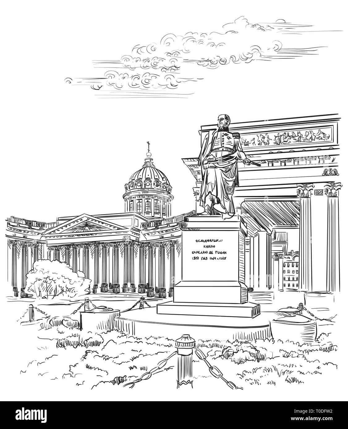 Paysage urbain de la Cathédrale de Kazan à Saint-Pétersbourg, Russie et monument de Barclay de Tolly. Illustration vectorielles dessin à la main en couleur noir sur w Illustration de Vecteur