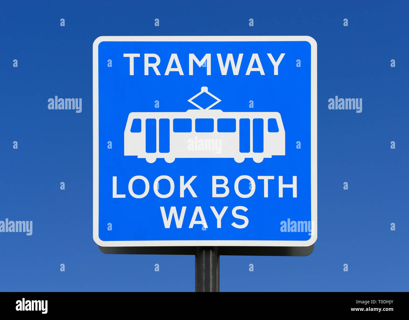 Panneau d'avertissement de tramway, Manchester, Angleterre, Royaume-Uni Banque D'Images