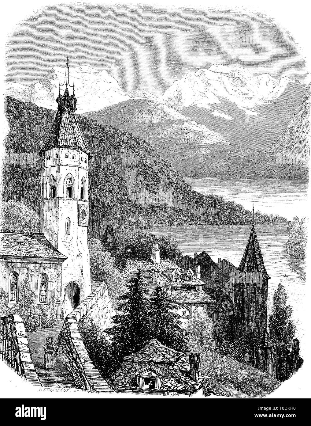 L'amélioration de la reproduction numérique, avis de Thoune à du lac de Thun, Suisse, woodprint original du 19ème siècle e Banque D'Images