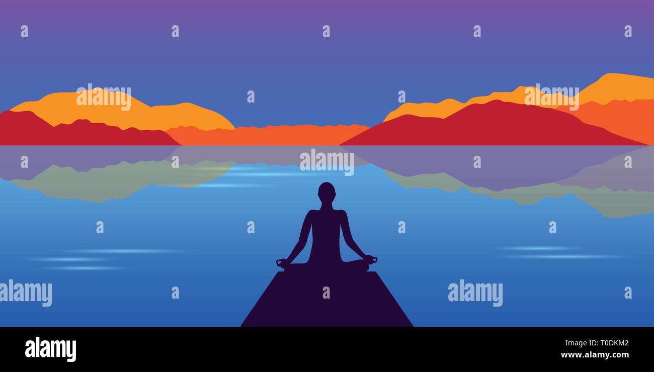 Silhouette de méditation dans le magnifique lac et montagne paysage d'automne background vector illustration EPS10 Illustration de Vecteur