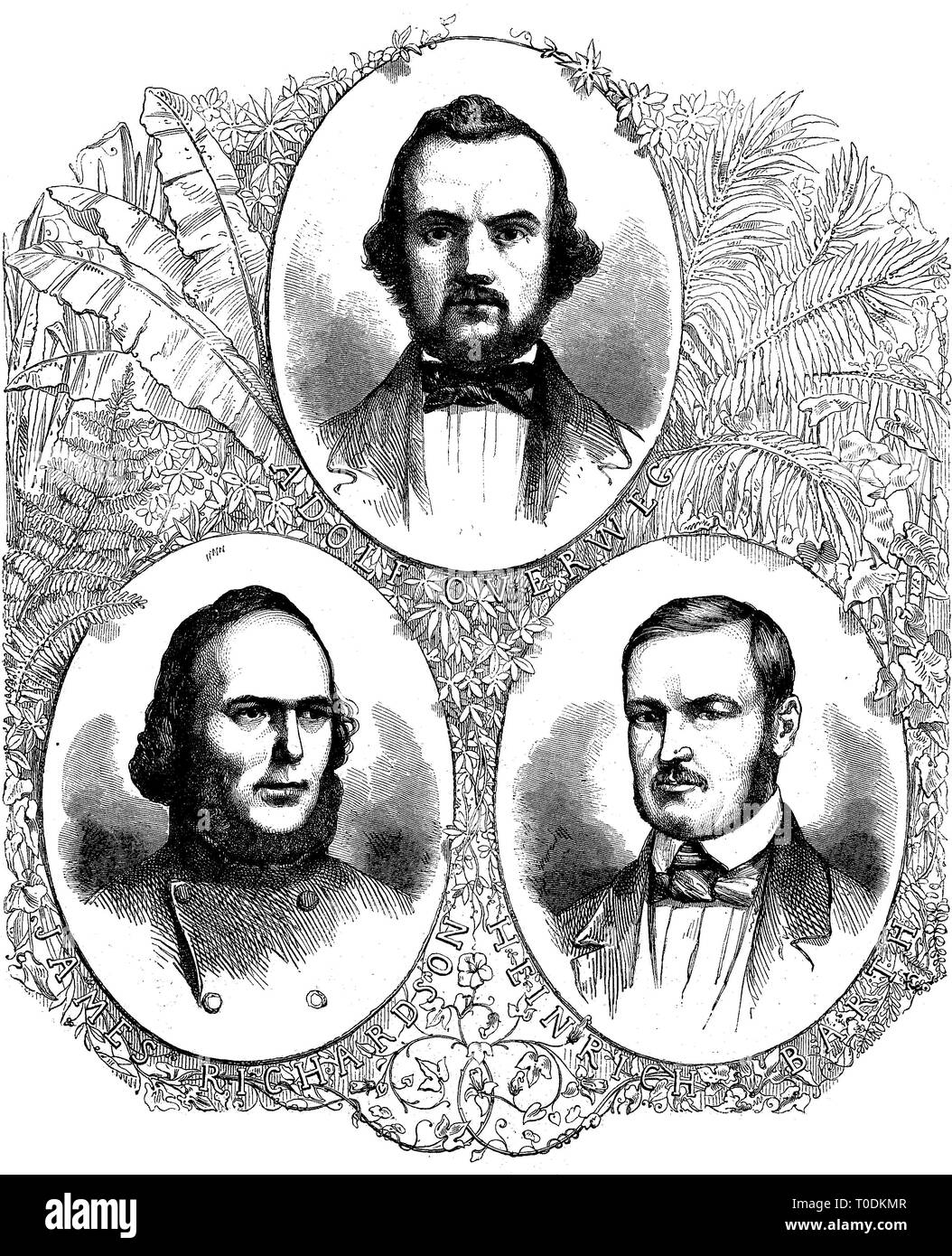 L'amélioration de la reproduction numérique, James Richardson, né 1809, est mort en 1851, un missionnaire britannique, abolitionniste et chercheur de l'Afrique, Adolf overweg et Johann Heinrich beard, née 1821, morte 1865, l'explorateur allemand et de scientifique, de th woodprint original 19e siècle Banque D'Images