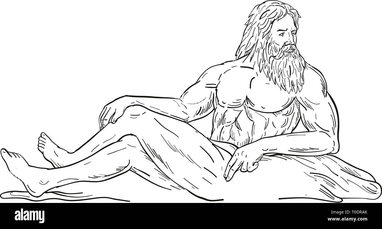 Croquis dessin illustration style d'Héraclès, un héros grec et dieu, assis, couché ou en appui à la recherche à l'autre vu de côté sur blanc isolé Illustration de Vecteur