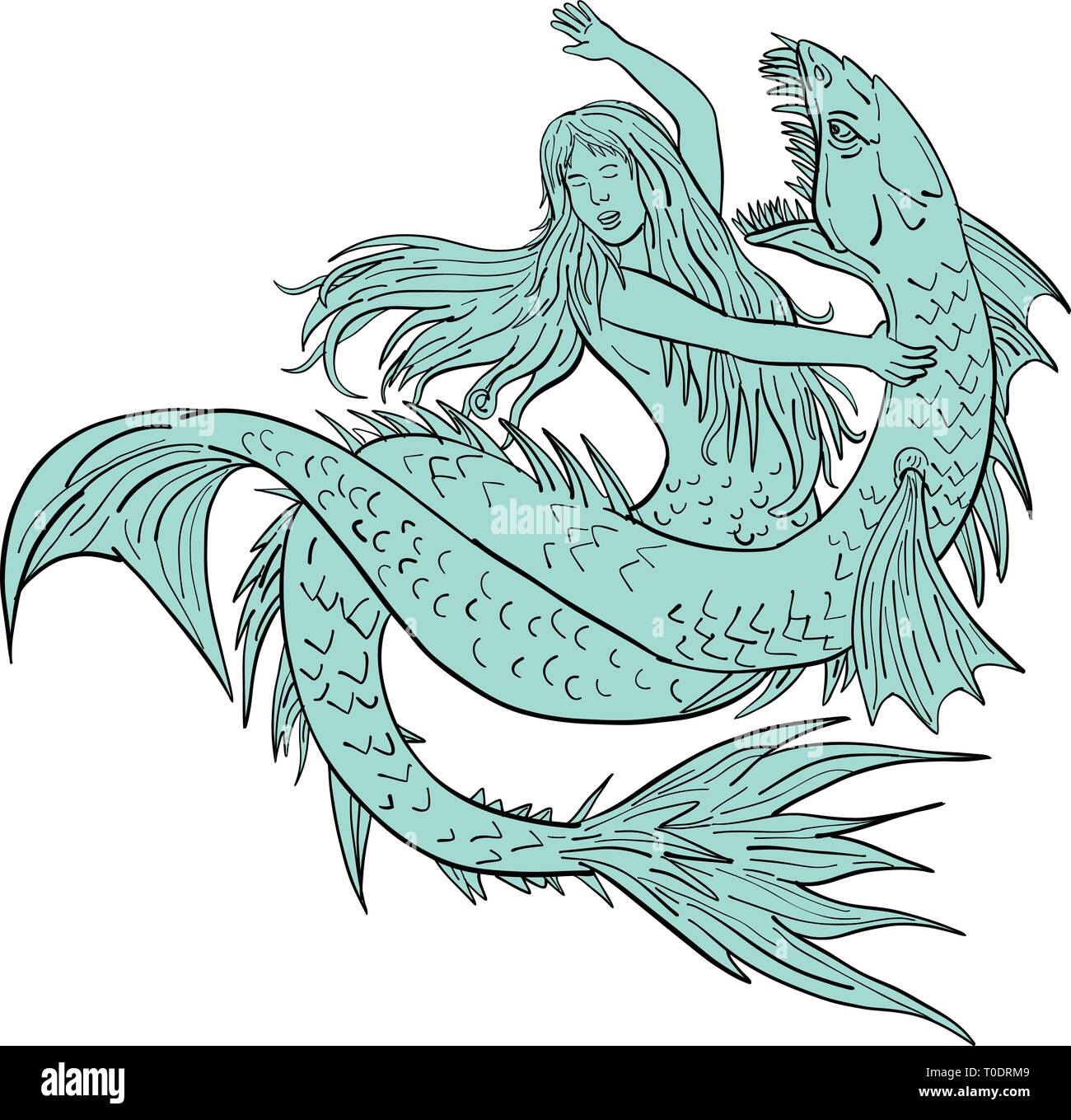 Croquis dessin illustration d'un style d'une sirène ou d'une sirène aux prises un serpent de mer ou monstre isolé sur fond blanc. Illustration de Vecteur