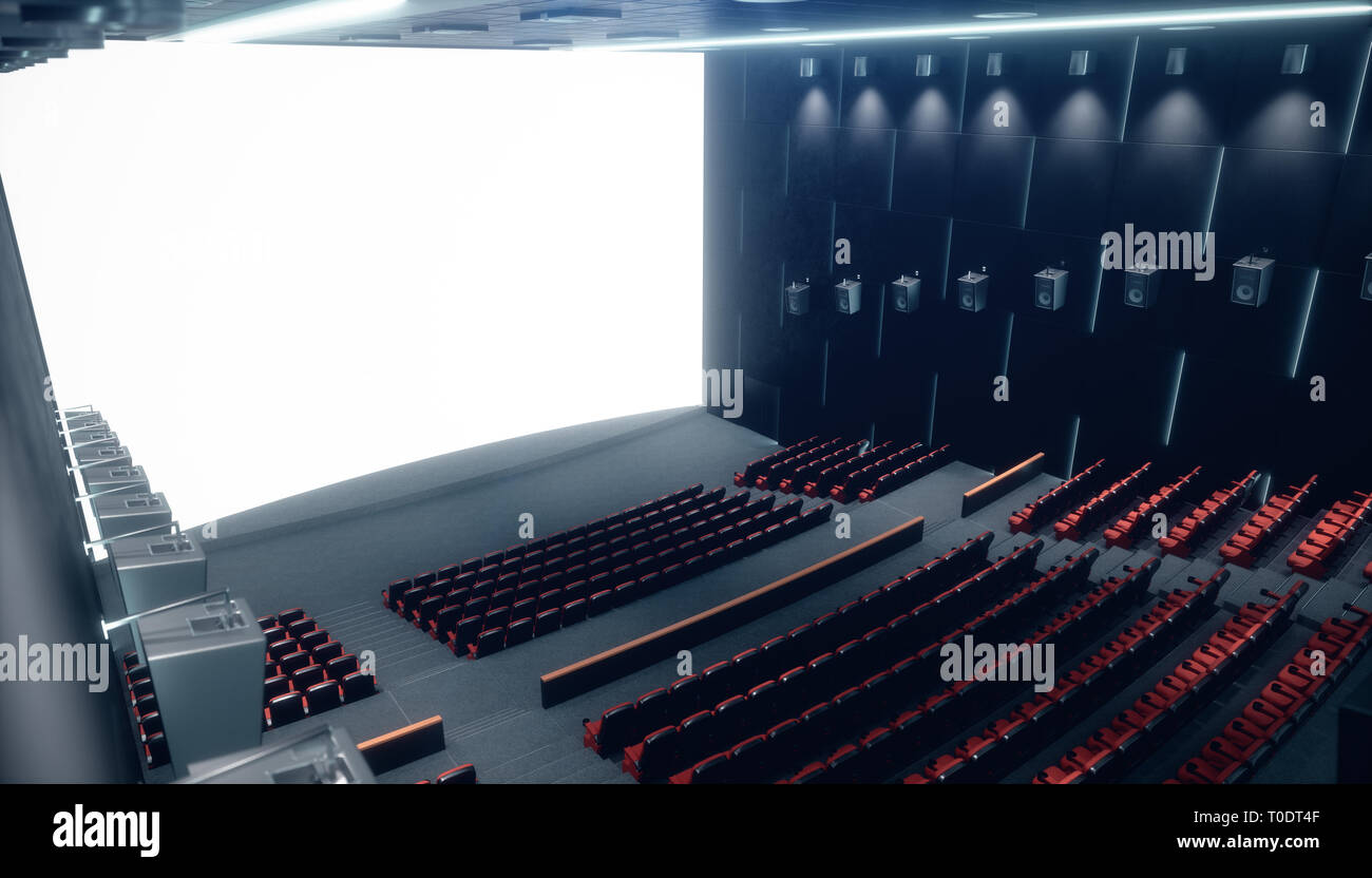 Salle de cinéma avec écran blanc et de sièges vides. Design moderne avec la suppression de l'éclairage, des néons. Système audio sur les murs. Salle de cinéma sans Banque D'Images