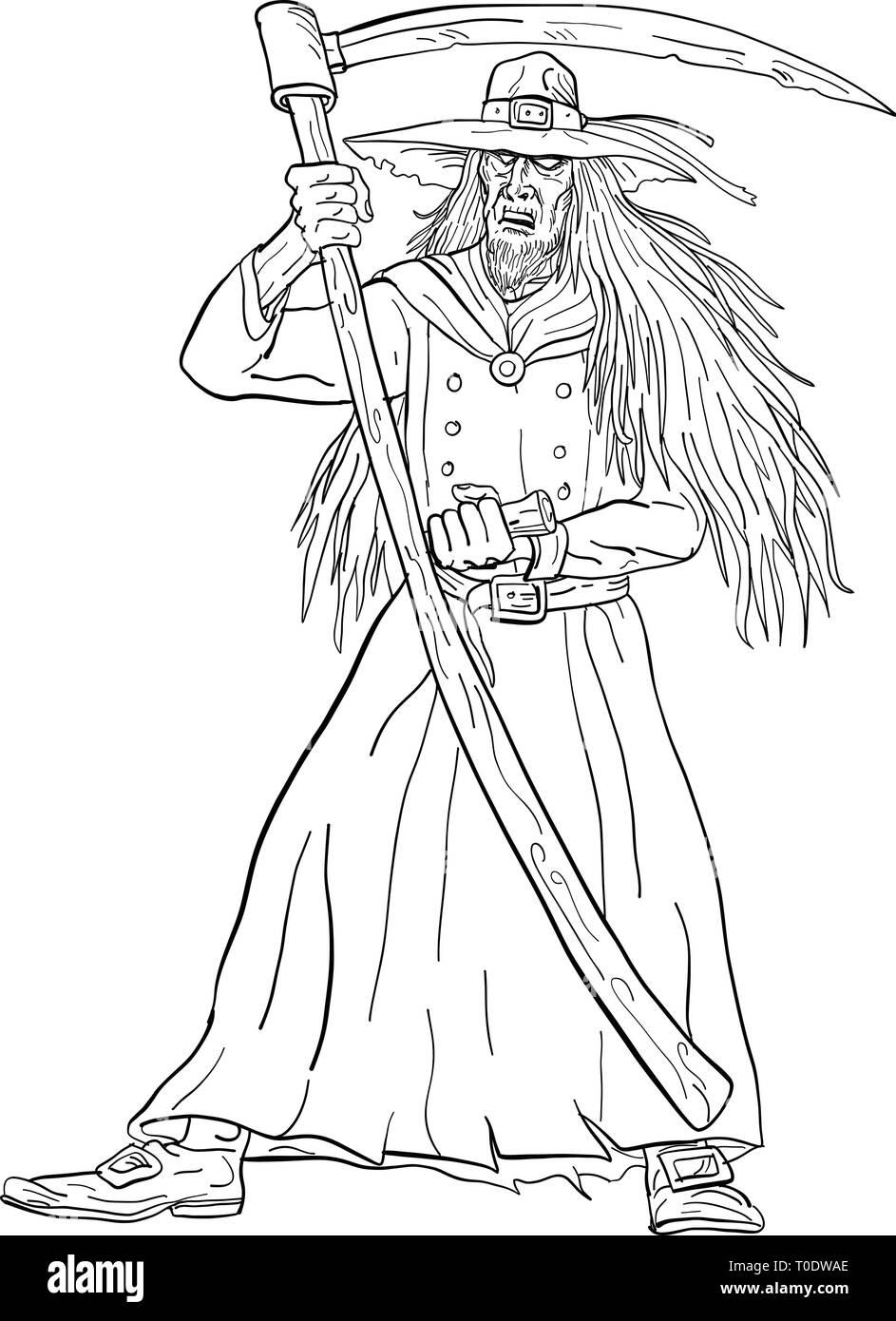 Croquis dessin illustration style de l'Ankou, homme de main de la mort, gardien des âmes perdues et cimetière watcher dans la mythologie bretonne avec faux. Illustration de Vecteur
