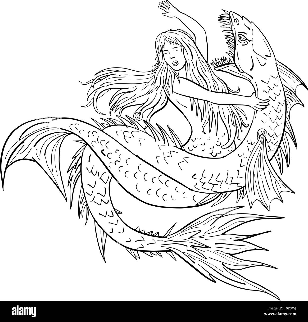 Croquis dessin illustration d'un style ou une sirène siren combats ou aux prises avec un serpent de mer ou monstre isolé sur fond blanc. Illustration de Vecteur