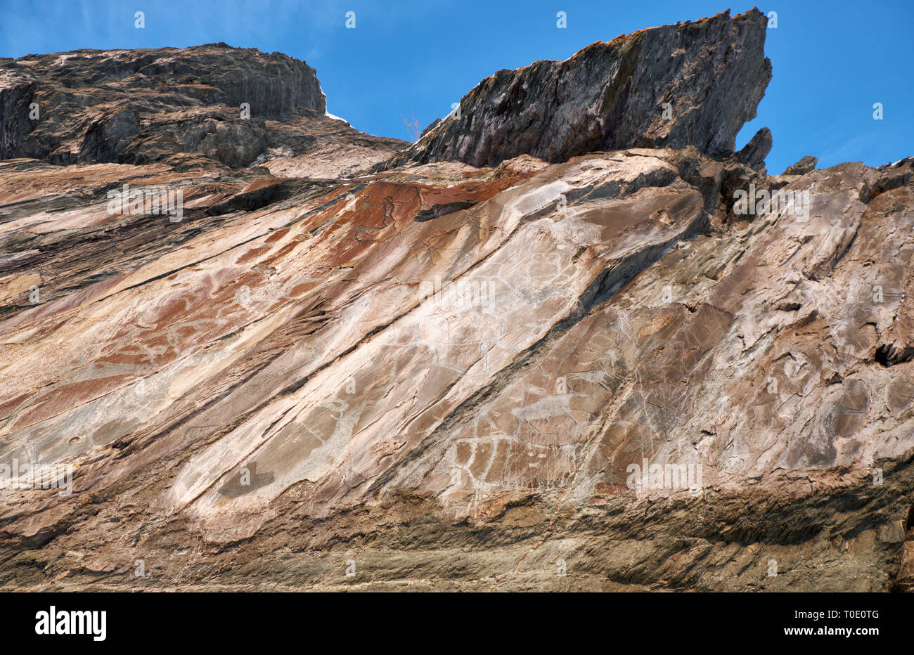 Les anciens pétroglyphes sur les rochers sur la banque du fleuve Tom en Sibérie occidentale. Banque D'Images