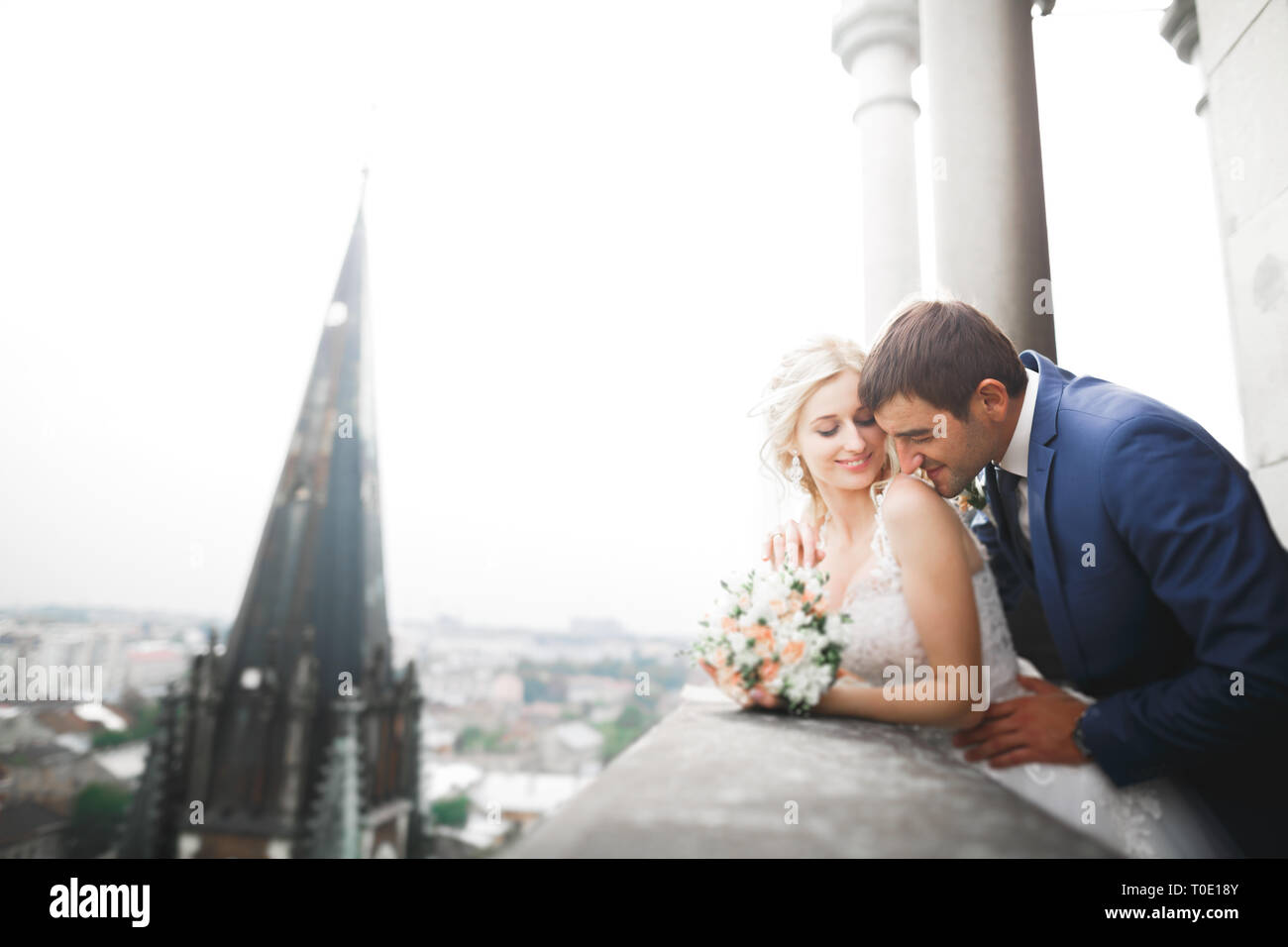 Kissing wedding couple séjournant plus beau paysage Banque D'Images