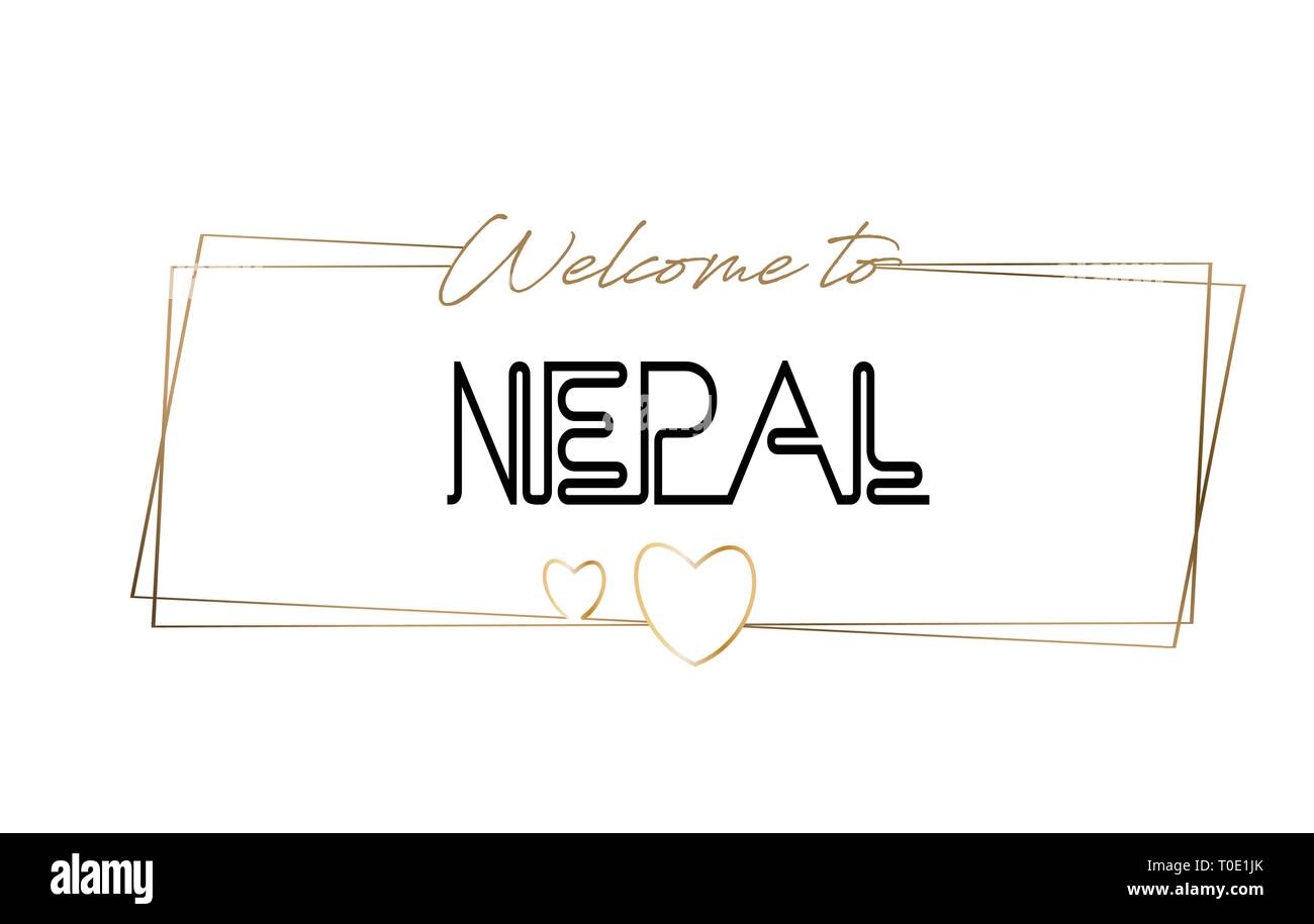 Le Népal Bienvenue au lettrage néon texte typographie. Mot pour logo, icône, badge, carte, carte postale, logos, bannières avec cadres dorés et les Cœurs Le Desi Illustration de Vecteur