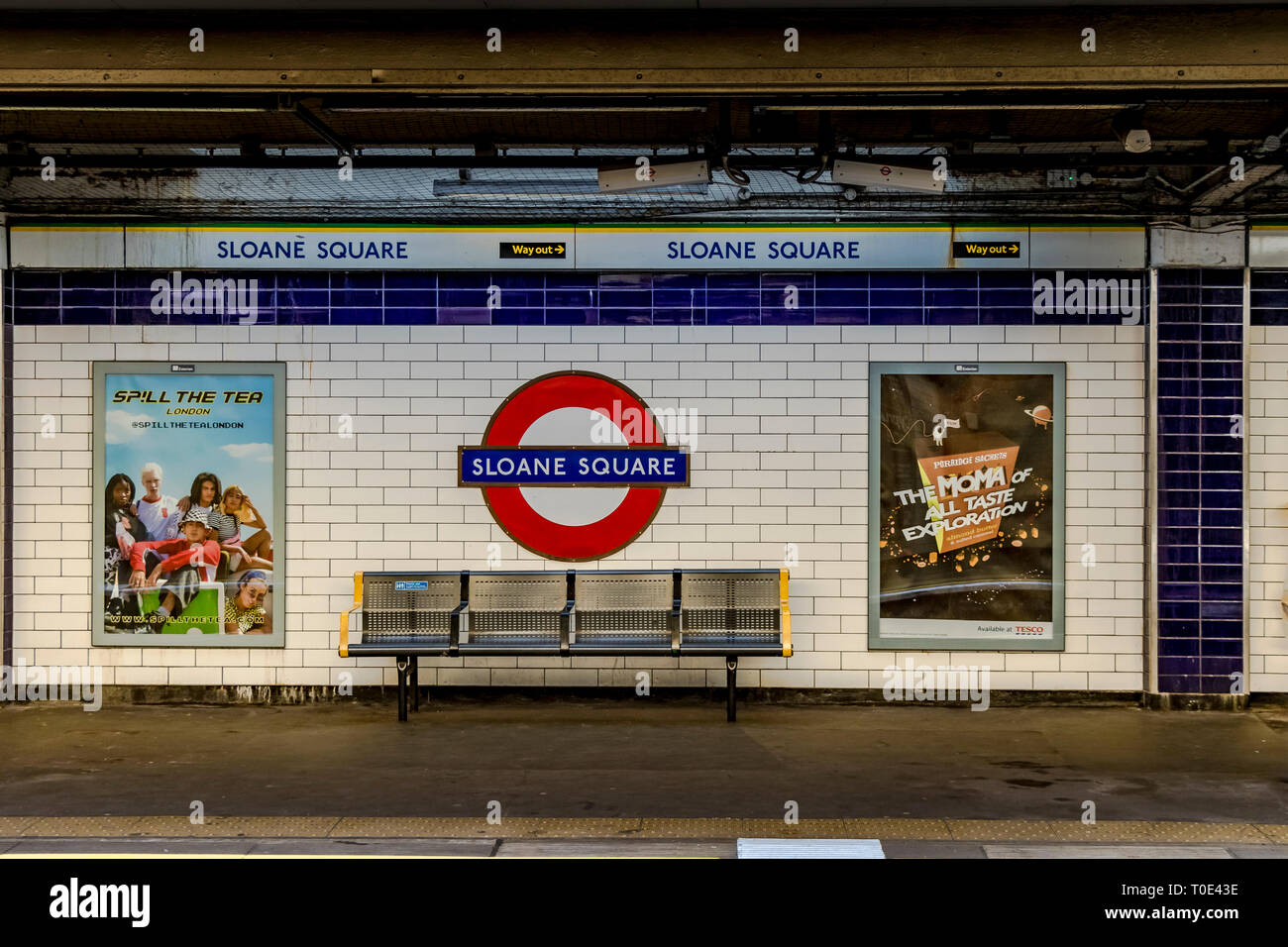 Un banc sur la plate-forme à la station de métro Sloane Square sur la ligne District et Circle, Londres, Royaume-Uni Banque D'Images