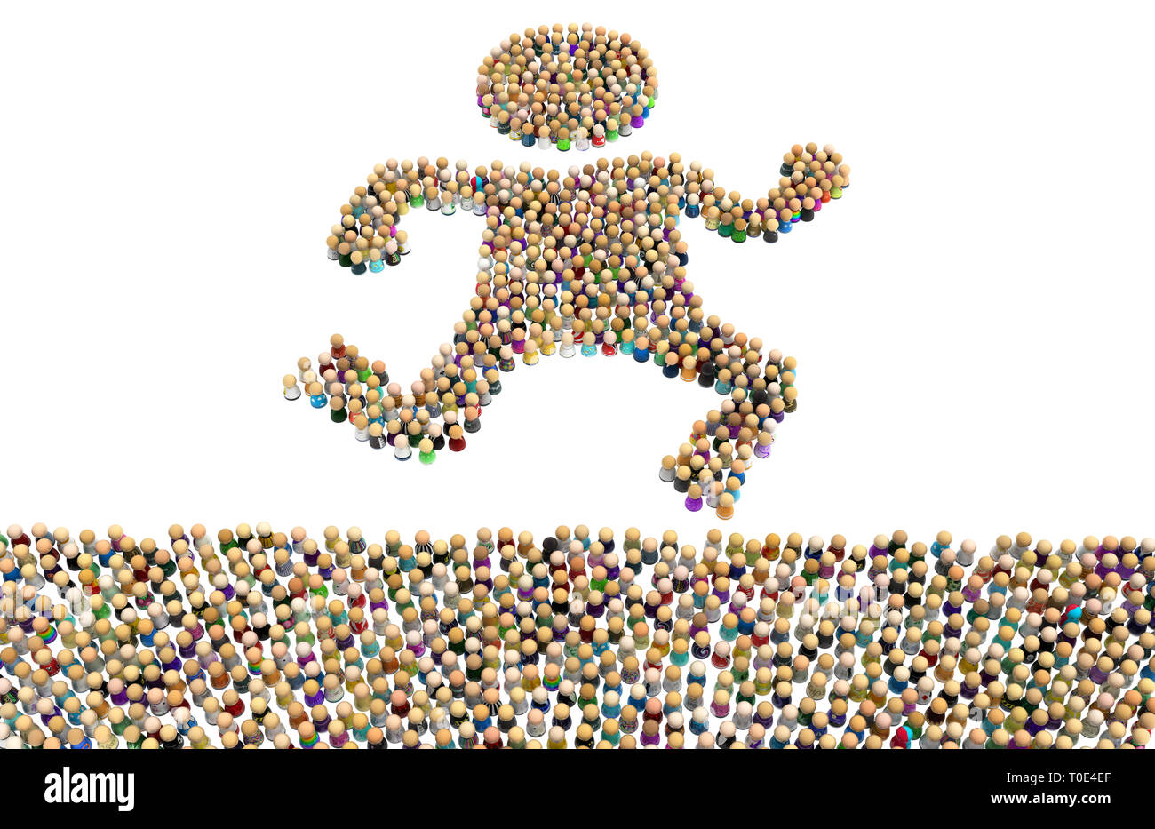 Foule de petites figures symboliques faisant grande forme personne jogging, 3d illustration, horizontal, isolé, over white Banque D'Images