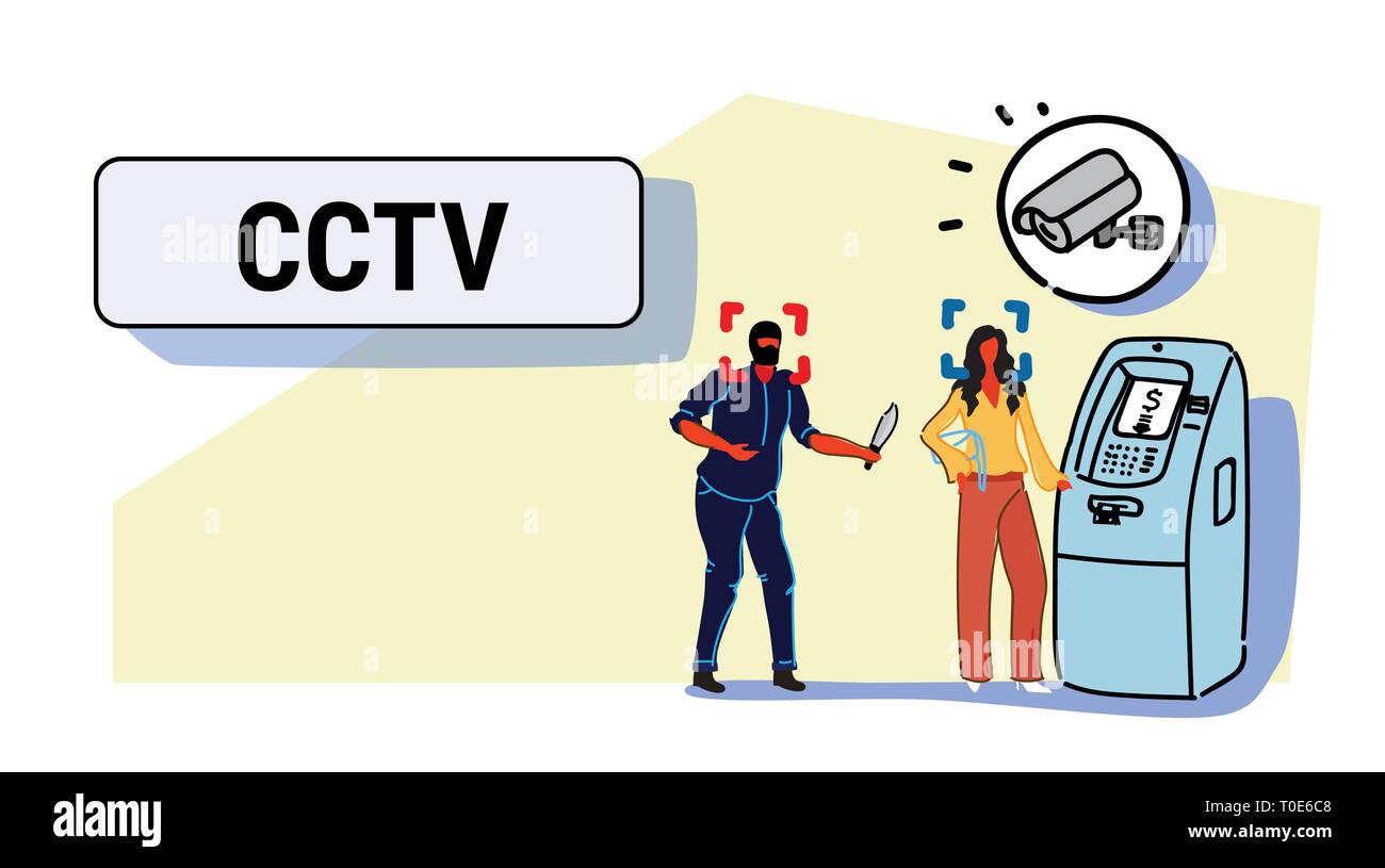 L'enregistrement de caméra voleur masqué avec dangereux couteau voleur attaque femme retirer de l'argent de surveillance d'alarme de sécurité du système ATM sketch Illustration de Vecteur
