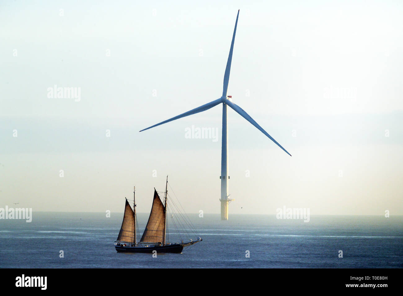 L 'Tall Ship' William II passe une éolienne comme il navigue le long de la côte nord-est près de Whitley Bay dans la région de Tyne et Wear après son départ de Blyth dans le Northumberland sur un voyage autour de la côte de Grande-Bretagne faisant escale dans 10 ports en route et changer d'équipage à chaque étape. Banque D'Images