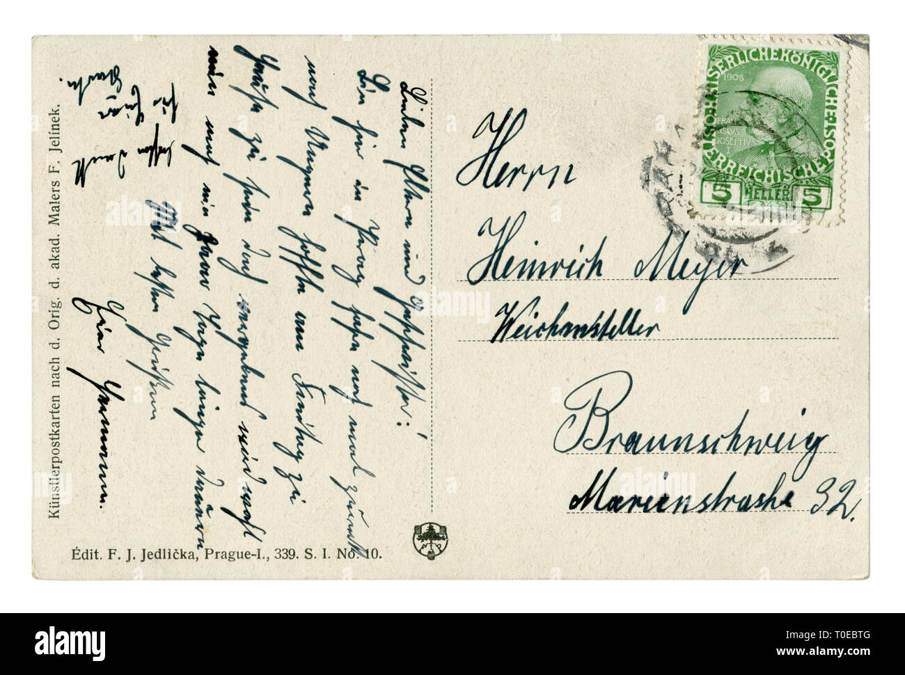 Dos de carte postale (Moravo historique EBWT0T) une lettre avec un timbre vert et un cachet de la Tchéquie Prague, 1912 Annulation, Autriche Banque D'Images