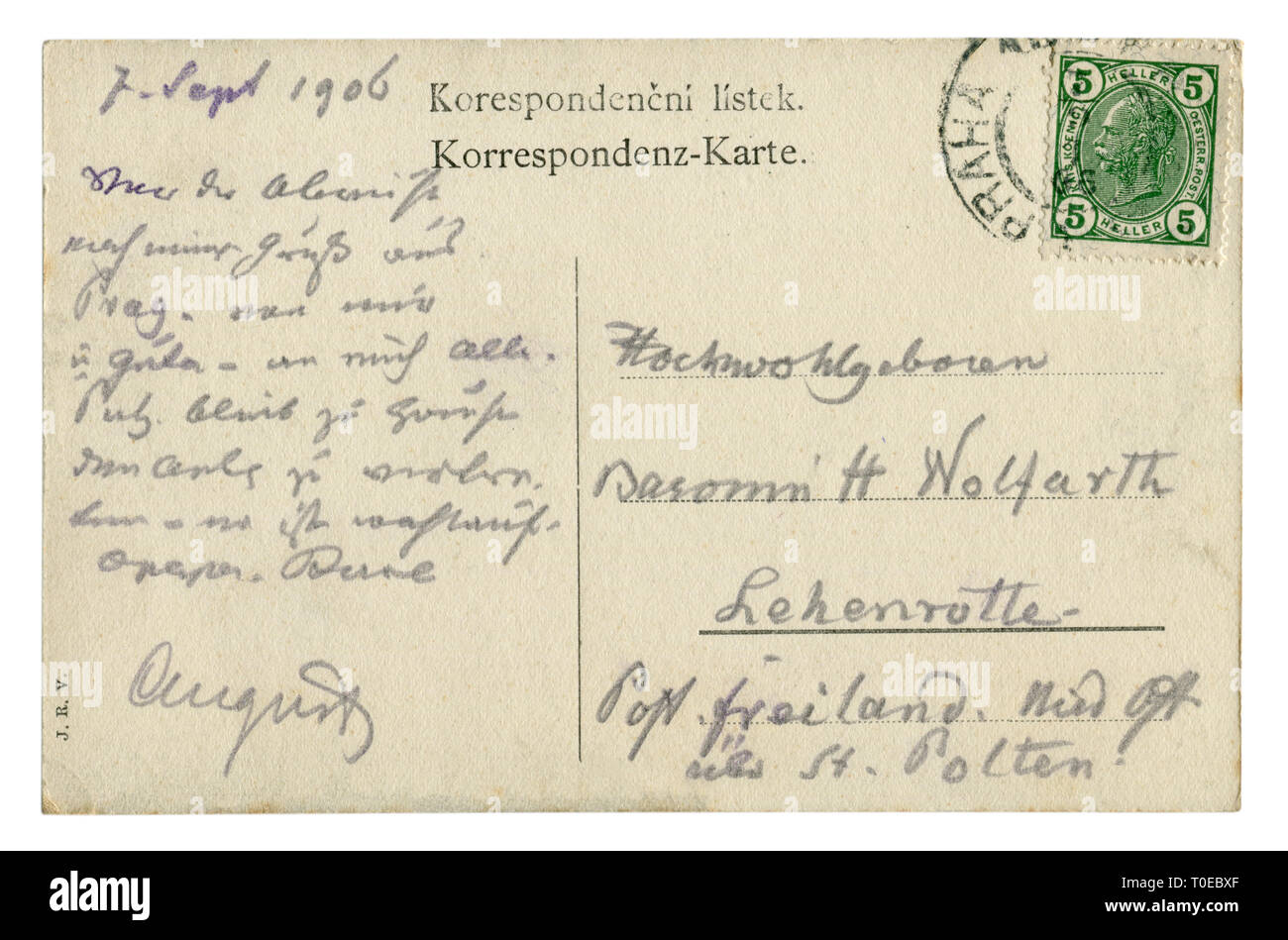 Dos de Carte postale Moravo historique (T0EBYF) une lettre avec un timbre vert et un cachet de la Tchéquie Prague, 1906 Annulation, Autriche Banque D'Images