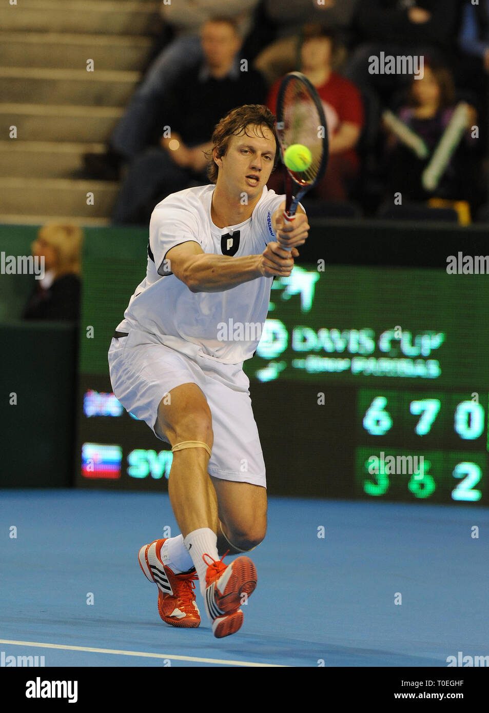 Coupe Davis à Braehead. Doubles, Colin Fleming et Ross Hutchins (GBR) v Michal Merinak & Filip Polasek. (SVK) Lenny Warren / Warren Media 0786083005 Banque D'Images