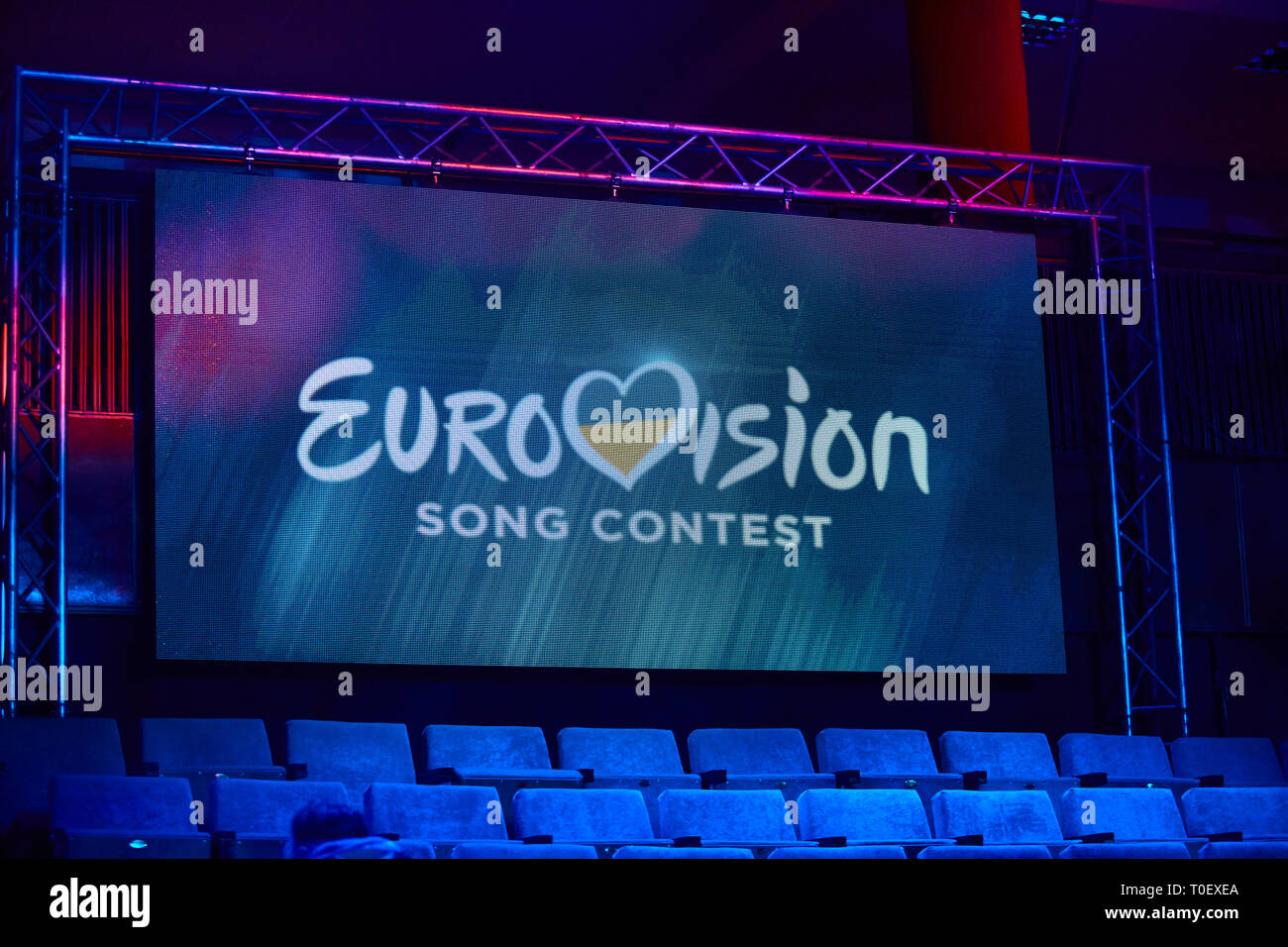 Kiev, UKRAINE - 23 février 2019 : Eurovision 2019 Logo sélection nationale au cours de l'Eurovision 2019 Banque D'Images