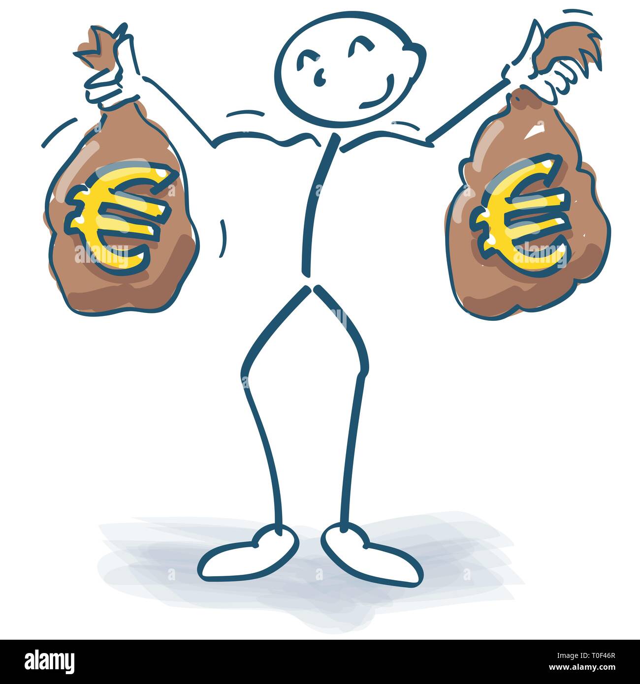 Stick figure avec des sacs d'argent plein d'euros et s'enrichir Illustration de Vecteur