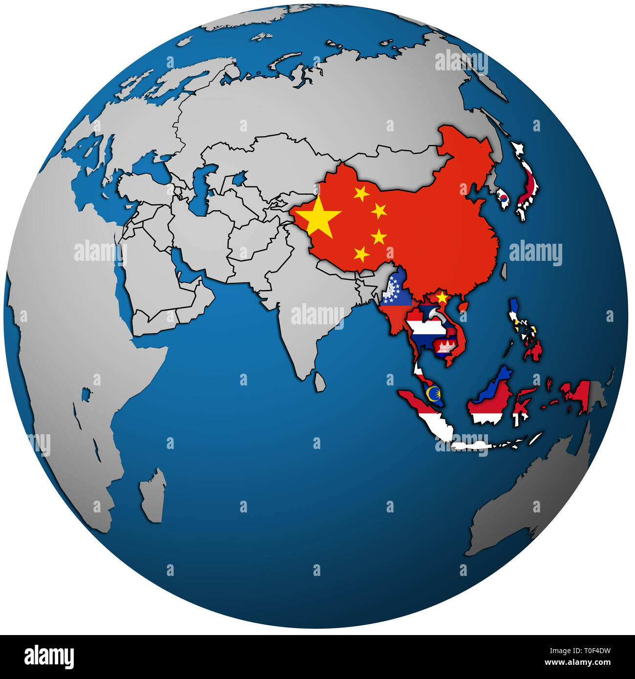 L'ASEAN plus trois pays membres avec les territoires et les drapeaux sur la carte politique de l'Asie Banque D'Images