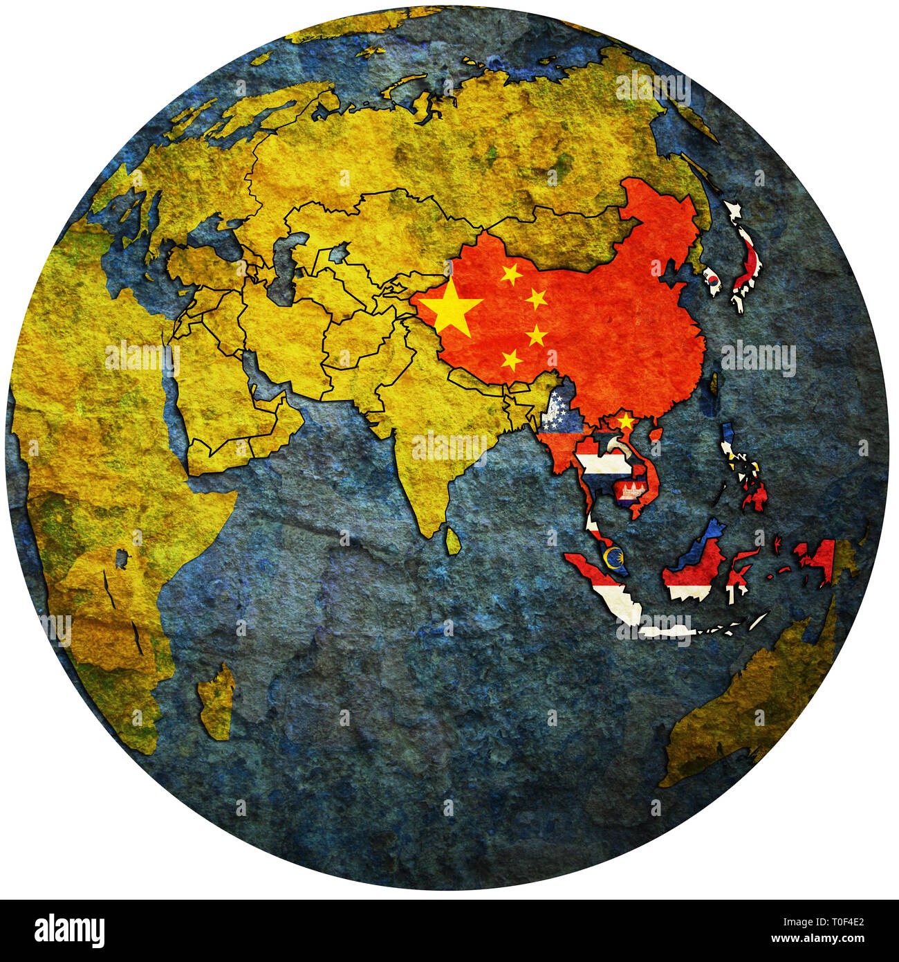 L'ASEAN plus trois pays membres avec les territoires et les drapeaux sur la carte politique de l'Asie Banque D'Images