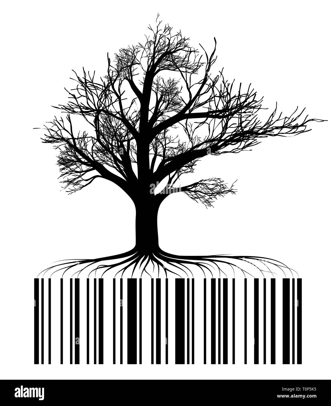 Arbre noir contour avec racines. Racines dans la forme d'un code barre. Vente de bois, la société ou la conservation de la nature. Illustration de Vecteur