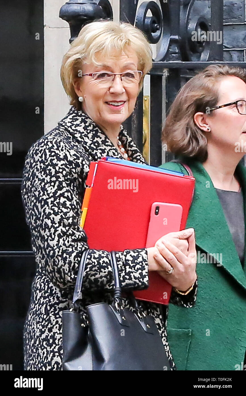 London, UK, UK. Mar 19, 2019. Andrea Leadsom est perçu au départ de No 10 Downing Street après avoir assisté à la réunion hebdomadaire du Cabinet. Il a été rapporté qu'Andrea Leadsom était furieux pendant les 90 minutes de réunion du Cabinet, le mardi 19 mars, '' 'Remainer des membres du Cabinet pour bloquer la sortie de l'UE. Credit : Dinendra Haria SOPA/Images/ZUMA/Alamy Fil Live News Banque D'Images