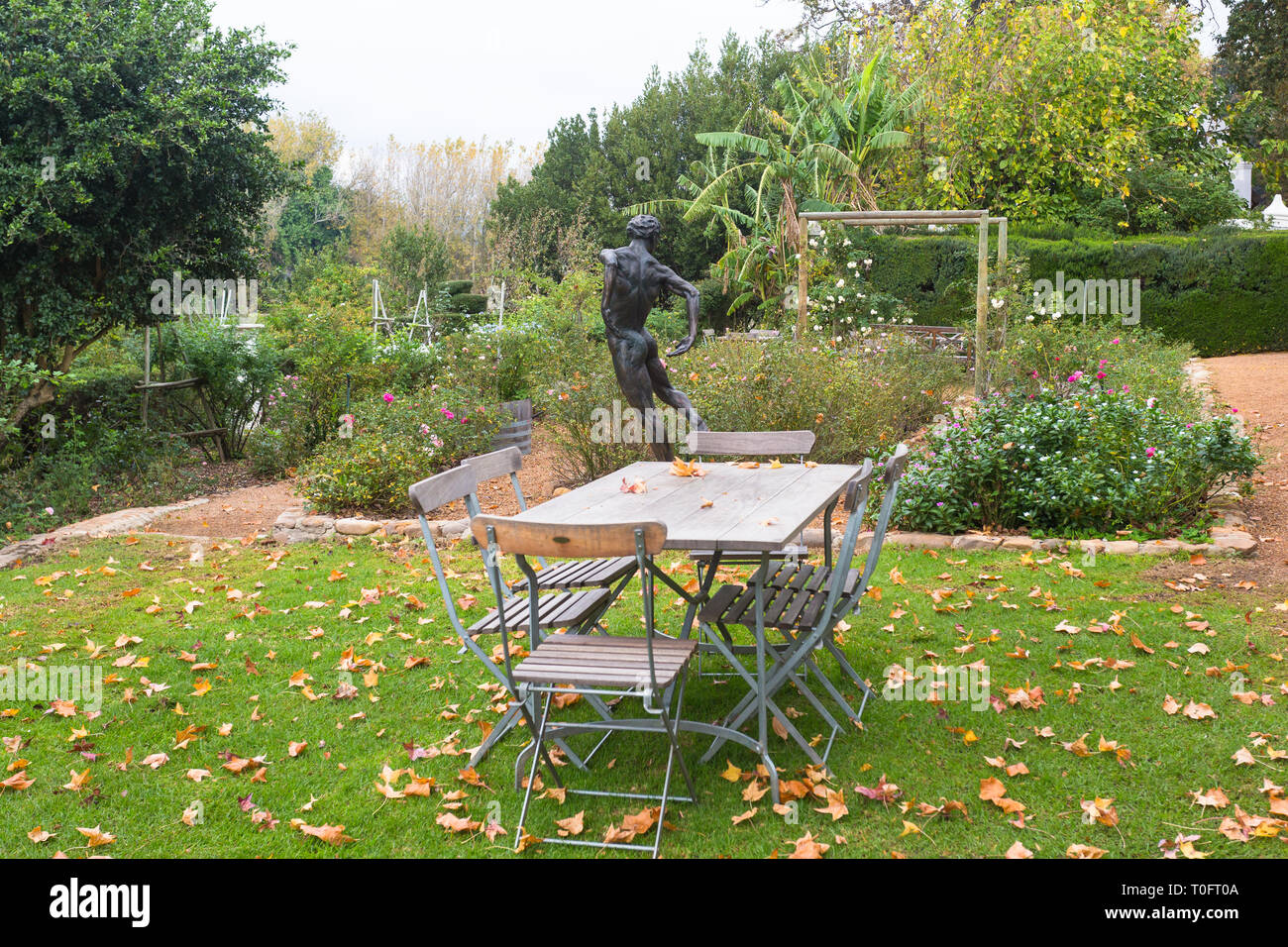 L'automne ou à l'automne jardin de roses avec feuilles éparpillés sur la pelouse et sur table et chaises vides en bois et à l'arrière-plan une belle statue ou d'une sculpture Banque D'Images