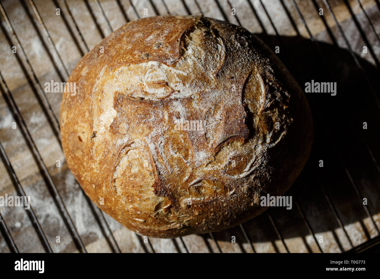 Du pain frais au levain fait de se reposer sur une grille. Concept de cuisson fait maison. Du pain artisanal avec golden croûte croustillante. Banque D'Images