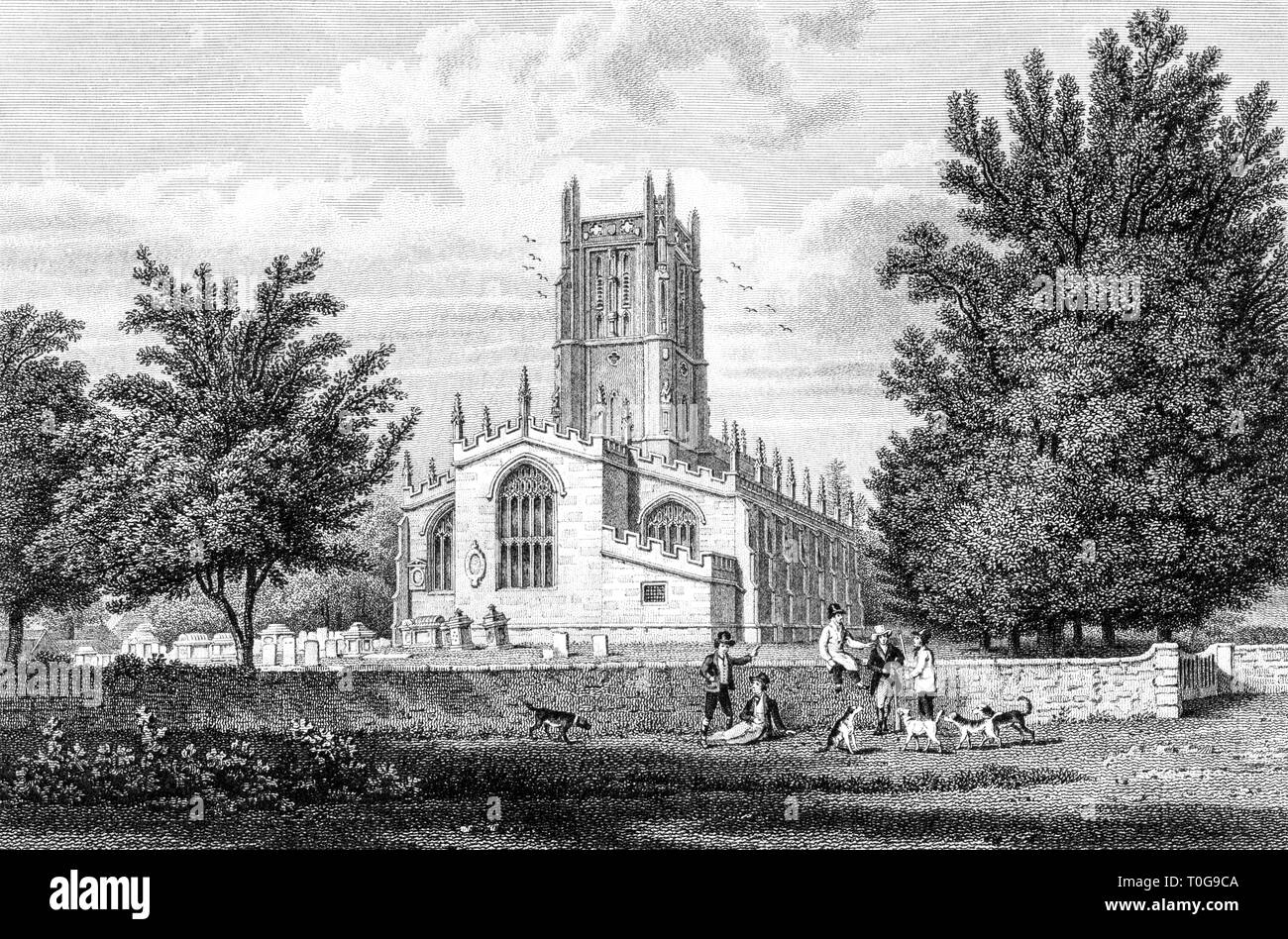 Une gravure de l'église de Fairford, Gloucestershire UK numérisées à haute résolution à partir d'un livre publié en 1825. Croyait libres de droit. Banque D'Images