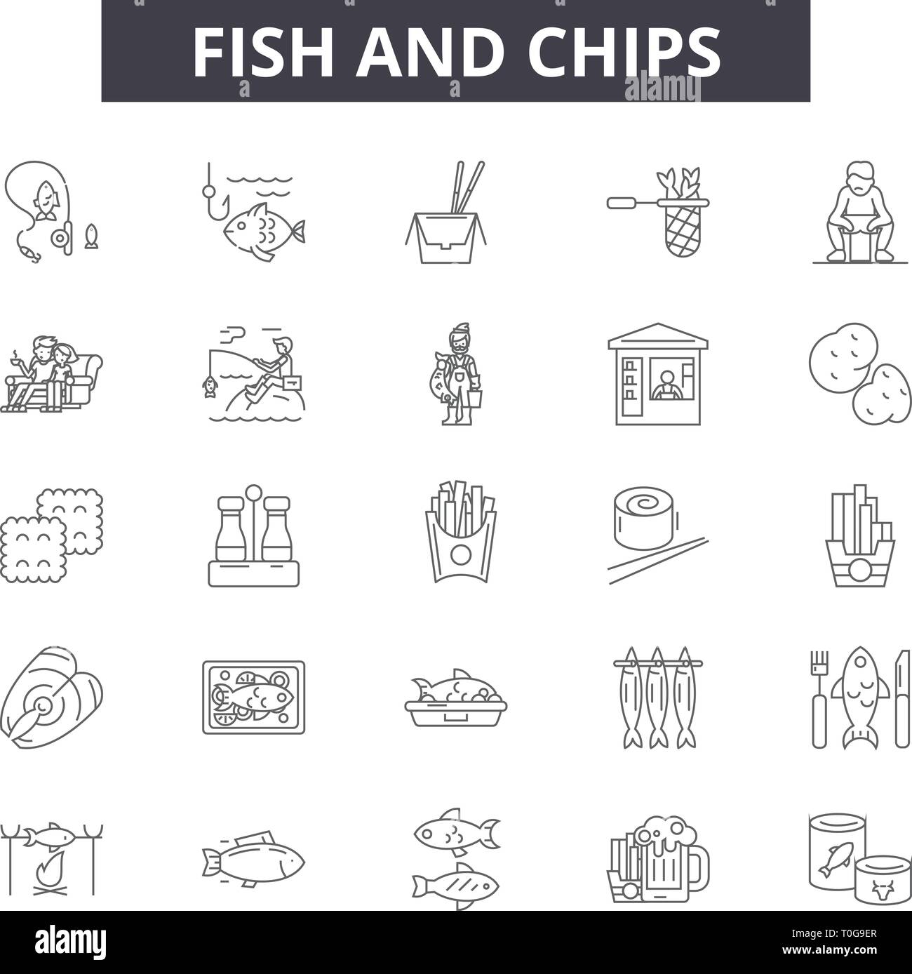 Fish and chips icônes de ligne pour le web et les terminaux mobiles. Signes d'avc modifiable. Fish and chips résumé du concept illustrations Illustration de Vecteur