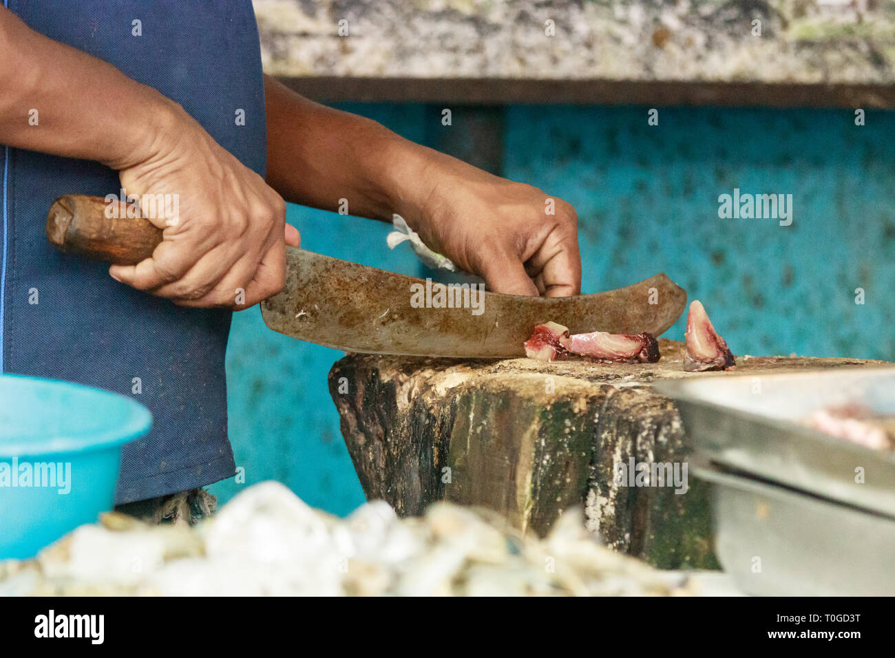 Vendeur de poisson couper du poisson sur un morceau de bois à l'extérieur à Galle, au Sri Lanka. Banque D'Images