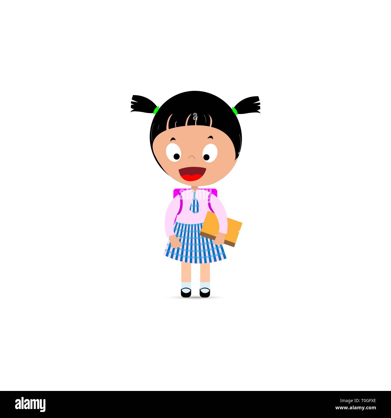 Petite fille dans l'uniforme scolaire, sac et livre à la main. Vector illustration. Illustration de Vecteur