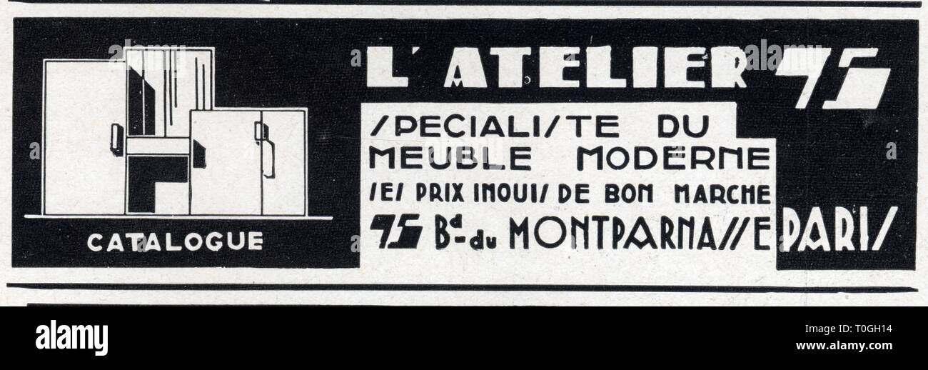 Publicité ancienne. L'atelier 75. Spécialité du meuble moderne. 13 mars 1930 Banque D'Images