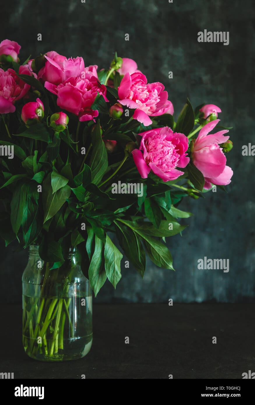 Bouquet de pivoines rose-mauve dans un vase sur un fond sombre. Banque D'Images