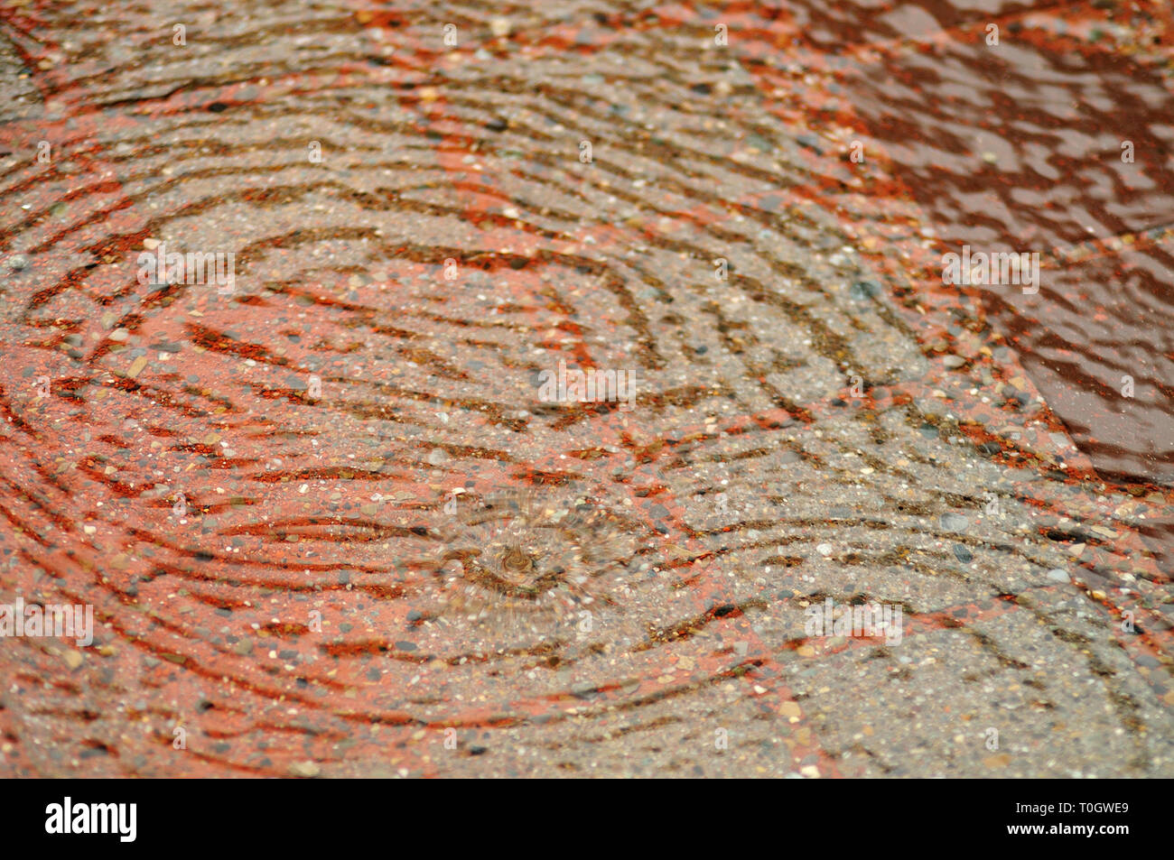 Flaque au sol avec des pierres en forme de bloc sett et sable rouge sur jour de pluie avec la superposition des ondes Banque D'Images