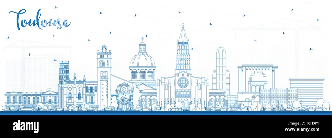 Contours Toulouse France City Skyline bleu avec les bâtiments. Vector Illustration. Les voyages d'affaires et le concept avec l'architecture historique. Toulouse Citysc Illustration de Vecteur