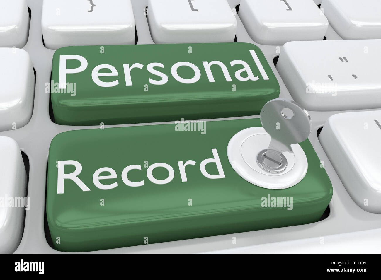 3D illustration de clavier de l'ordinateur à l'aide de l'enregistrement personnel sur deux boutons verts, et d'une clé à l'un de ces des boutons. Banque D'Images