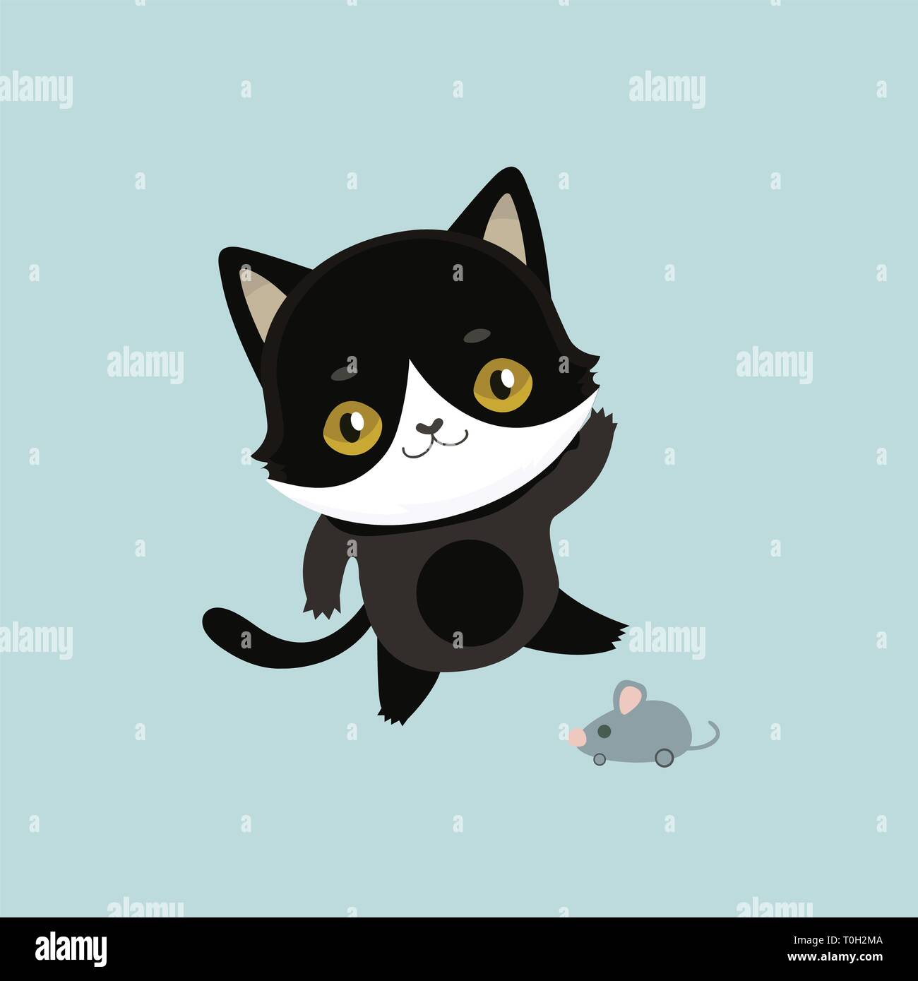 Cute cartoon chat noir avec de grands yeux. Illustration de Vecteur
