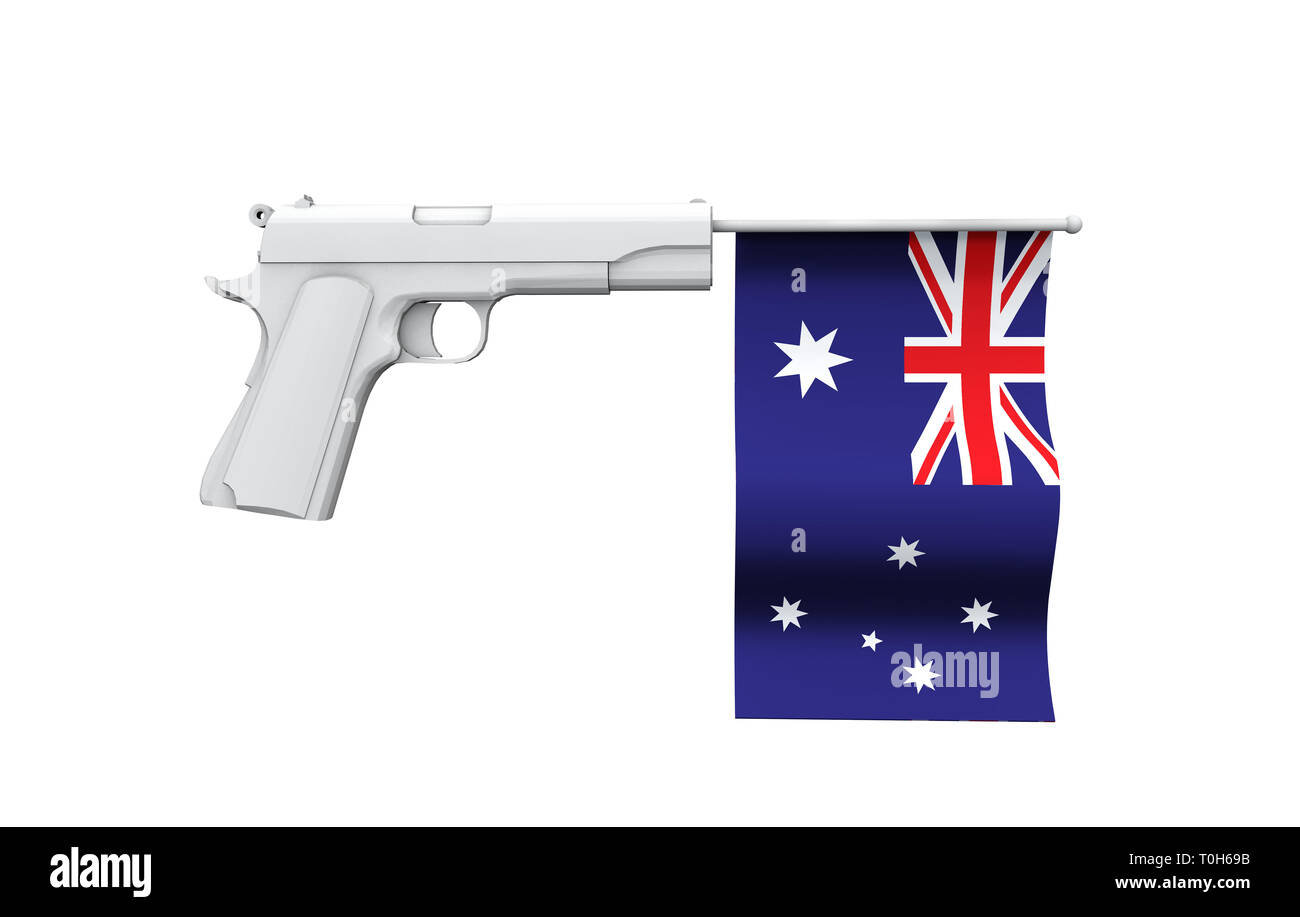 Concept de contrôle des armes à feu l'Australie. Pistolet manuel avec drapeau national Banque D'Images