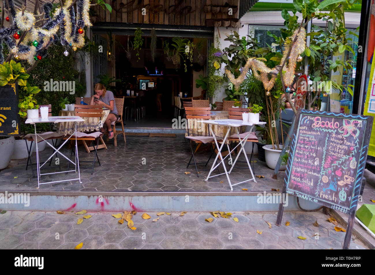 Cafe, Art street, street 178, Phnom Penh, Cambodge, Asie Banque D'Images