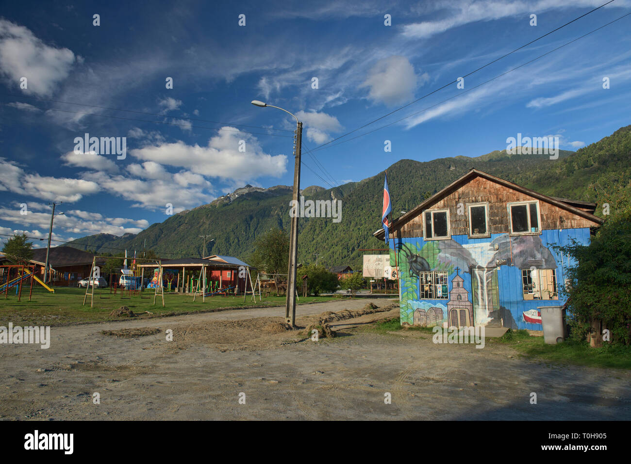 Petite ville, la vie, Puyuhuapi Carretera Austral, Patagonie, d'Aysen, Chili Banque D'Images