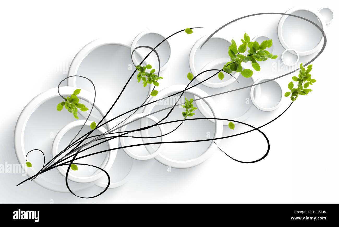 Conception graphique de ronds, convexes, les lentilles de verre sur un fond blanc. La conception originale de l'ornement, vigne avec wild rose feuilles Banque D'Images