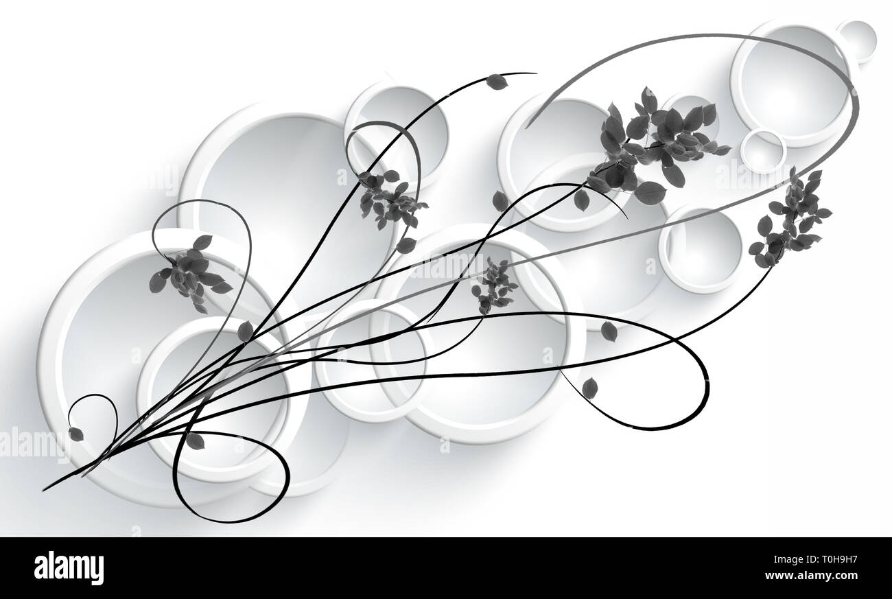 Conception graphique de ronds, convexes, les lentilles de verre sur un fond blanc. La conception originale de l'ornement, vigne avec wild rose feuilles Banque D'Images