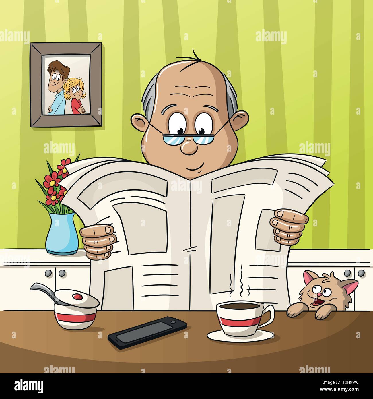 Un homme est assis à la table de la lecture d'un journal. Illustration de Vecteur