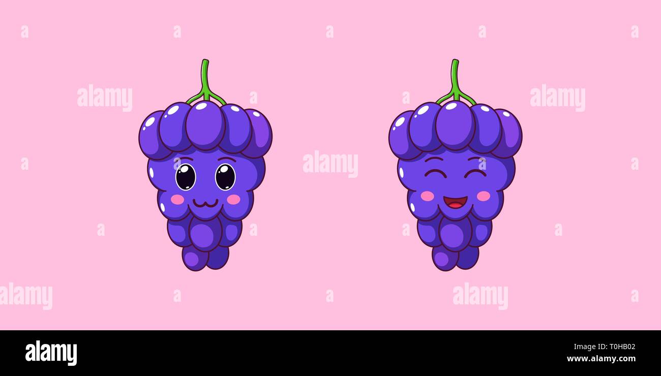 Kawaii Cute Cartoon, raisin les baies mûres. Illustration Vecteur de Cartoon Bande de bleus avec de charmants et visage rieur, drôle icônes emoji. Juicy Fruit Illustration de Vecteur